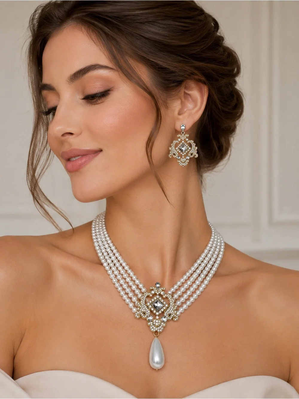 White Pearl Multi-Strand Necklace and Earring set with Gold and Crystal Pendant